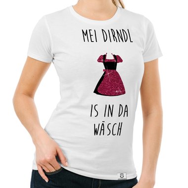 Damen Oktoberfest Shirts - Rundhals und V-Neck - Mei Dirndl is in da Wsch - Glitzer