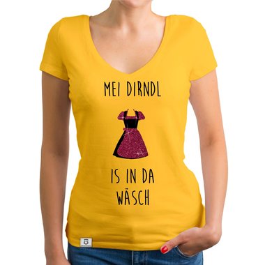 Damen Oktoberfest Shirts - Rundhals und V-Neck - Mei Dirndl is in da Wsch - Glitzer