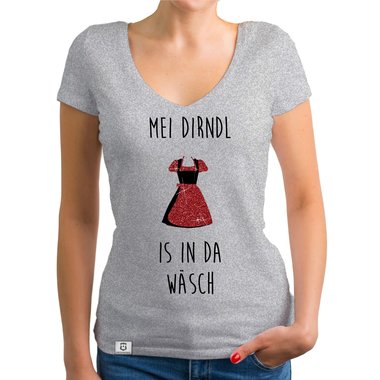 Damen Oktoberfest Shirts - Rundhals und V-Neck - Mei Dirndl is in da Wsch - Glitzer