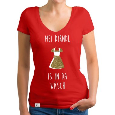 Damen Oktoberfest Shirts - Rundhals und V-Neck - Mei Dirndl is in da Wsch - Glitzer