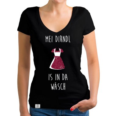 Damen Oktoberfest Shirts - Rundhals und V-Neck - Mei Dirndl is in da Wsch - Glitzer