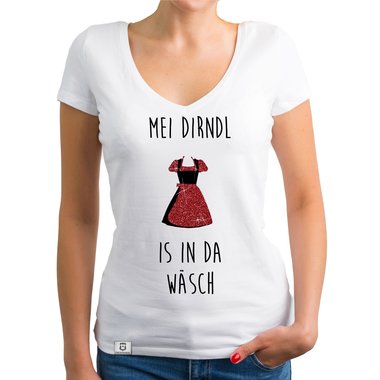 Damen Oktoberfest Shirts - Rundhals und V-Neck - Mei Dirndl is in da Wsch - Glitzer