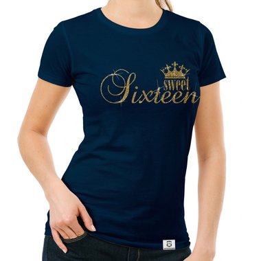 Damen T-Shirts - V-Ausschnitt & Rundhals - Sweet Sixteen - Glitzer Rund-dunkelblau-goldglitzer S