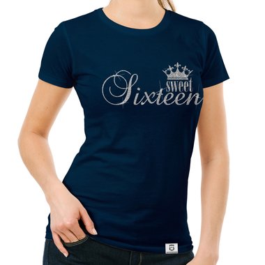 Damen T-Shirts - V-Ausschnitt & Rundhals - Sweet Sixteen - Glitzer Rund-dunkelblau-goldglitzer S