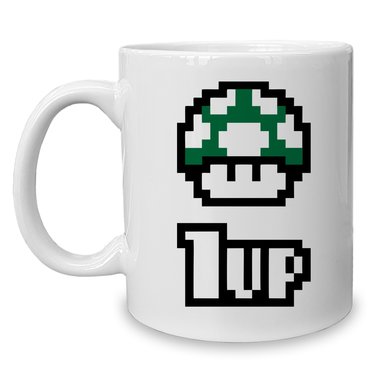 Kaffeebecher - Tasse - Super Pilz - Toad 1 UP - Gaming Motiv weiss-blanko