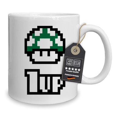 Kaffeebecher - Tasse - Super Pilz - Toad 1 UP - Gaming Motiv weiss-blanko