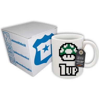 Kaffeebecher - Tasse - Super Pilz - Toad 1 UP - Gaming Motiv weiss-blanko