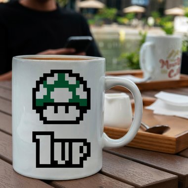 Kaffeebecher - Tasse - Super Pilz - Toad 1 UP - Gaming Motiv weiss-blanko