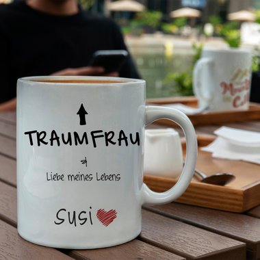 Personalisierter Kaffeebecher - Tasse - Traumfrau / Traummann - Mit Namen - Verschiedenen Farben Traumfrau weiss-rot-Frau