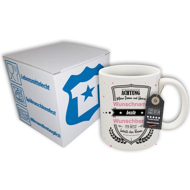 Personalisierter Kaffeebecher - Tasse - Achtung meine Damen und Herren - Wunschname & Wunschberuf Damen weiss-blanko