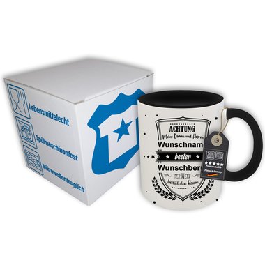 Personalisierter Kaffeebecher - Tasse - Achtung meine Damen und Herren - Wunschname & Wunschberuf Herren weiss-schwarz