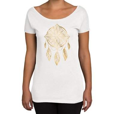 Damen T-Shirt U-Boot-Ausschnitt - Traumfnger/Dreamcatcher - In verschiedenen Farben weiss-gold XS