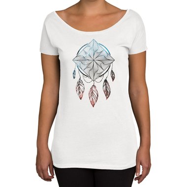 Damen T-Shirt U-Boot-Ausschnitt - Traumfnger/Dreamcatcher - In verschiedenen Farben weiss-gold XS