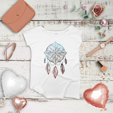 Damen T-Shirt U-Boot-Ausschnitt - Traumfnger/Dreamcatcher - In verschiedenen Farben weiss-gold XS