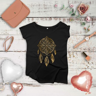 Damen T-Shirt U-Boot-Ausschnitt - Traumfnger/Dreamcatcher - In verschiedenen Farben weiss-gold XS