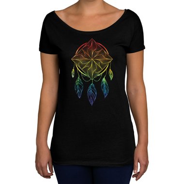 Damen T-Shirt U-Boot-Ausschnitt - Traumfnger/Dreamcatcher - In verschiedenen Farben weiss-gold XS