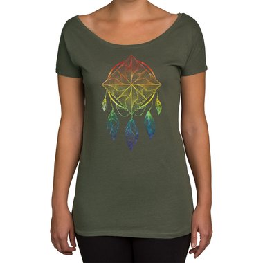 Damen T-Shirt U-Boot-Ausschnitt - Traumfnger/Dreamcatcher - In verschiedenen Farben oliv-rainbow XL