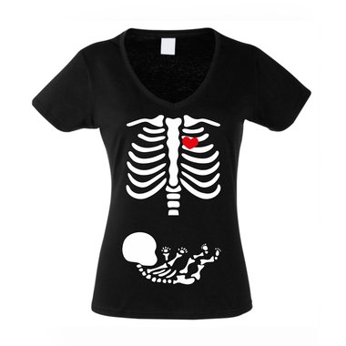 Damen V-NECK T-Shirt Halloween Skelett Mama & Baby weiss XXL