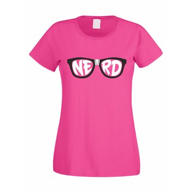 Damen T-Shirt - Nerd Brille fuchsia-gelb XXL