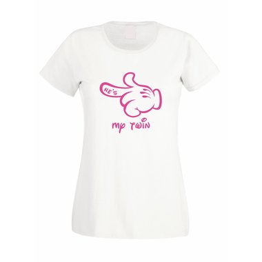 Damen T-Shirt Mickey Hand - Hes my twin weiss-fuchsia XXL