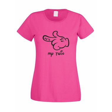 Damen T-Shirt Mickey Hand - Hes my twin weiss-fuchsia XXL