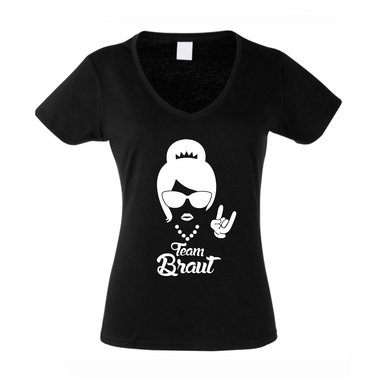 Team Braut T-Shirt Damen V-Neck TEAM BRAUT Rock N Roll Junggesellinnenabschied weiss-schwarz XXL