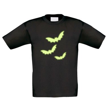 Kinder Halloween Shirt - Drei Fledermuse - glow in the dark weiss-schwarz 98-104