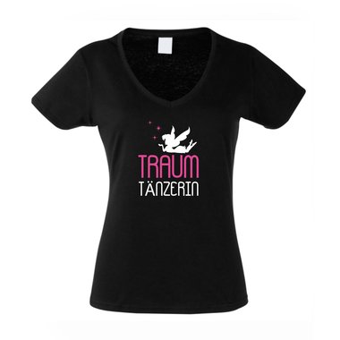 Traum Tnzerin - Damen V-Ausschnitt T-Shirt fuchsia-gelb L