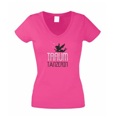 Traum Tnzerin - Damen V-Ausschnitt T-Shirt fuchsia-gelb L