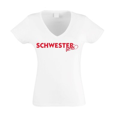 Damen V-Ausschnitt T-Shirt - Schwesterherz weiss-rot XXL