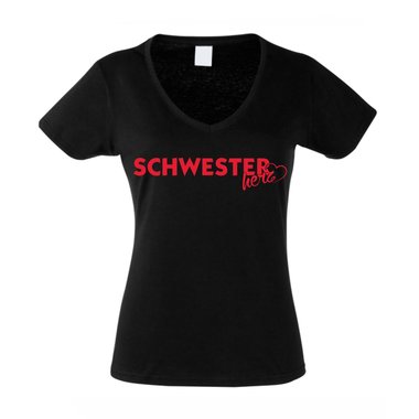 Damen V-Ausschnitt T-Shirt - Schwesterherz weiss-rot XXL