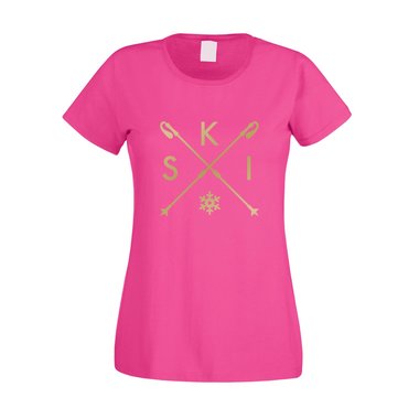 Damen T-Shirt - Skistcker - S-K-I fuchsia-gold XS